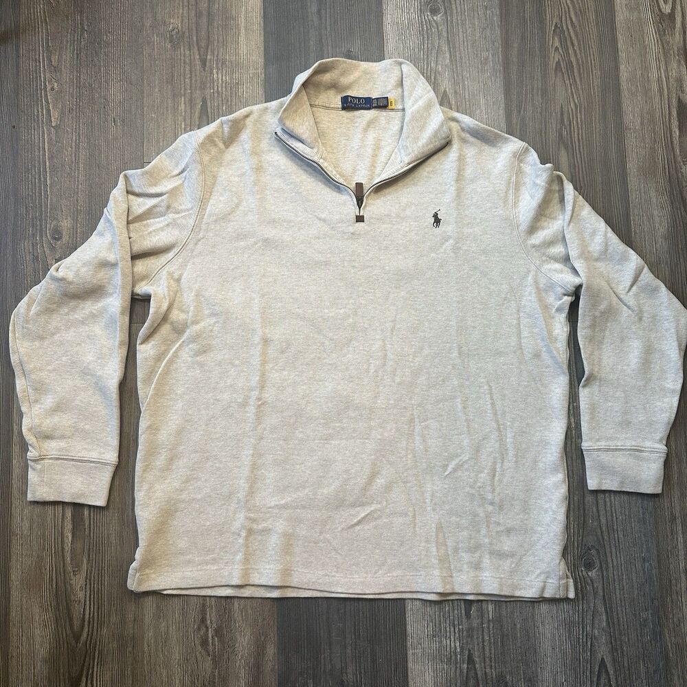 Polo Ralph Lauren Mens XXL Beige 1/4 Zip Pullover Sweater Cotton Ribbed Logo
